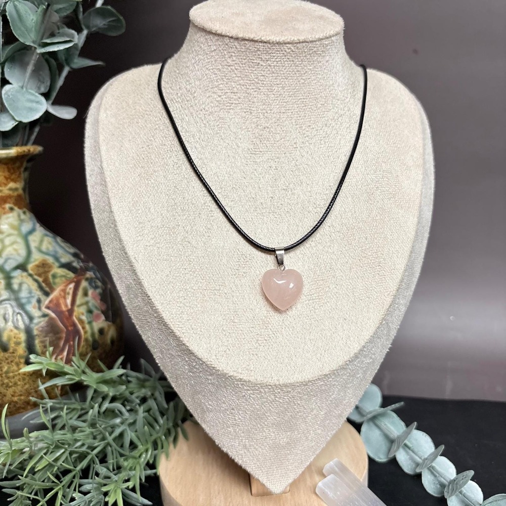 Rose Quartz Heart Necklace | Pink Stone Pendant | Leather Cord | Crystal Jewelry